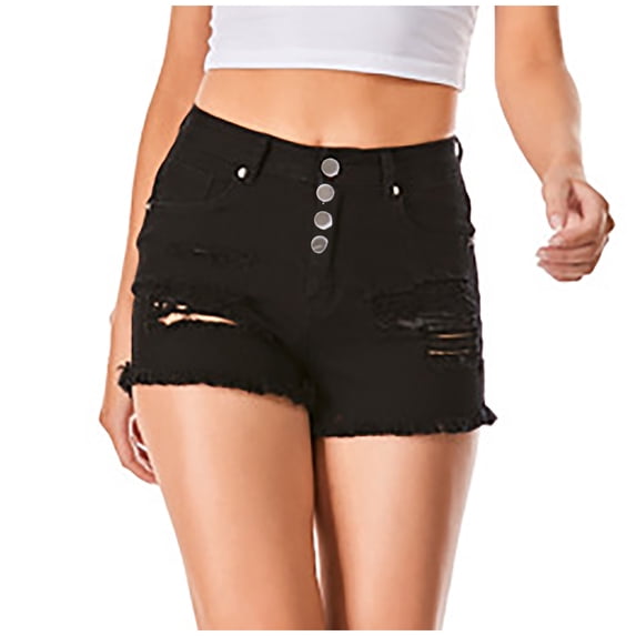 hopeusnice Women's Lounge Shorts Pockets Denim Jeans Shorts Ripped Patches Running Shorts Workout Vacation Casual Beach Elastic High Waist Sweat Shorts Pants Fashion Summer Black M