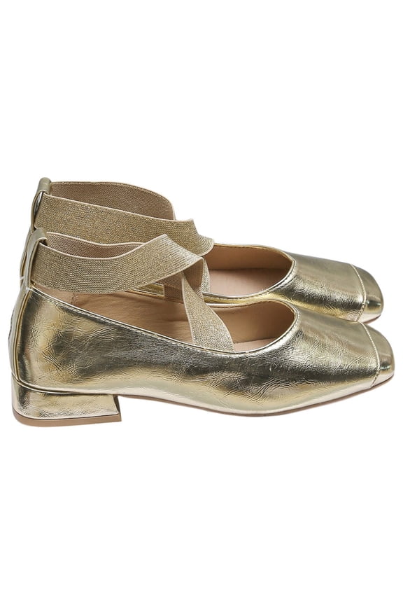 Women's Low Heel Ballerina Flats Comfortable Crossing Strap Square Toe Shoes Faux Leather Slip On Dress Shoes for Wedding Party Daily Wear Gold 41