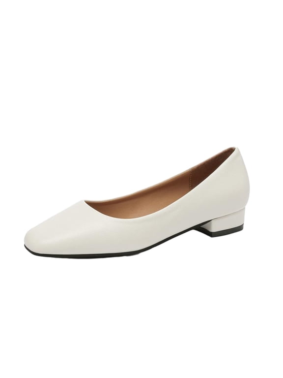 Women's Low Heel Square Toe Flats Comfortable Slip On Shoes PU Leather Block Heel Dress Shoes for Work Office Wedding Party White 38