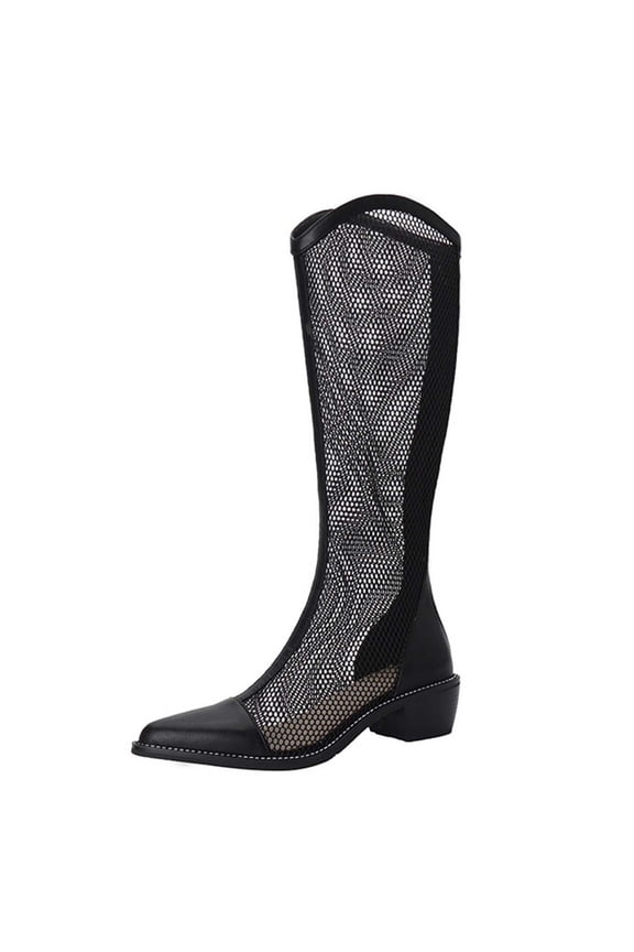 Women's Mesh Boots Comfortable Breathable Knee High Booties Pointed Toe Low Heel Open Toe Chunky Heel Boots Black 40