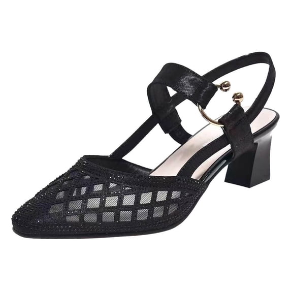 hopeusnice Women's Mesh Slingback Dress Sandals Rhinestone Buckle Closed Toe Block Heel Party Wedding Shoes Black 37