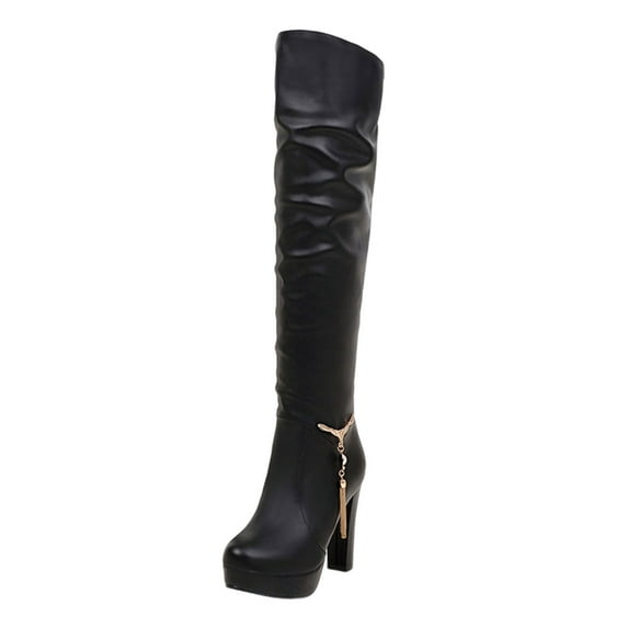 hopeusnice Women's Over The Knee Boots High Heel Boots Chunky Heel Thigh High Boots Side Zipper Tassel Fashion Boots Black 39