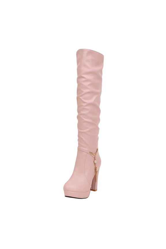 Women's Over The Knee Boots High Heel Boots Chunky Heel Thigh High Boots Side Zipper Tassel Fashion Boots Pink 37