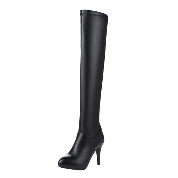 hopeusnice Women's Over The Knee Boots High Heel Pointed Toe Faux Leather Knee High Boots Stretch Slouch Boots Fall Winter Boots Black 37