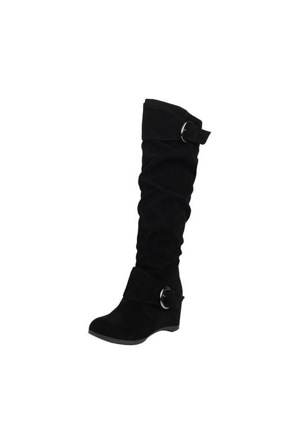 Women's Over The Knee Boots Suede Buckle Wedge Heel Winter Warm Boots Fashion Slouchy Boots Knee High Boots Black 35