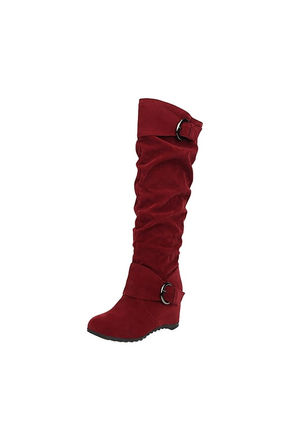Women's Over The Knee Boots Suede Buckle Wedge Heel Winter Warm Boots Fashion Slouchy Boots Knee High Boots Red 36