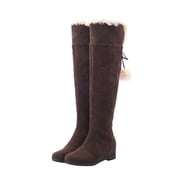 hopeusnice Womens Over The Knee Boots Suede Fuzzy Fleece Lined Wedge Heel Winter Boots Warm Plush Lining Buckle Buckle Pull on Boots Brown 36