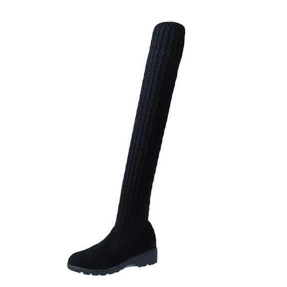 hopeusnice Women's Over The Knee Boots Winter Warm Knitted Suede Thigh High Boots Chunky Heel Flat Boots Platform Shoes Outdoor Ankle Boots Black 37