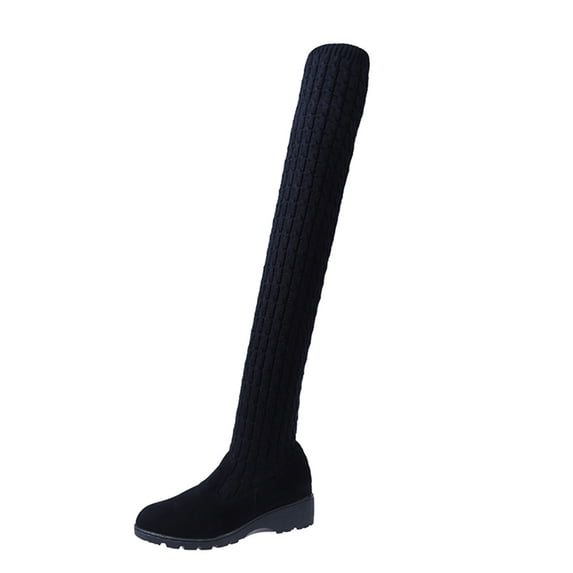 hopeusnice Women's Over The Knee Boots Winter Warm Knitted Suede Thigh High Boots Chunky Heel Flat Boots Shoes Outdoor Ankle Boots Black 38
