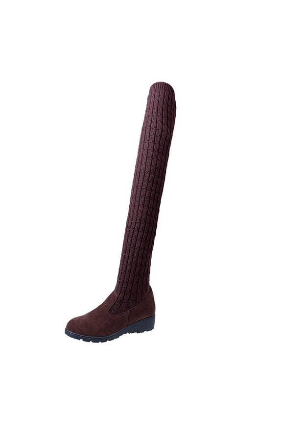 Women's Over The Knee Boots Winter Warm Knitted Suede Thigh High Boots Chunky Heel Flat Boots Shoes Outdoor Ankle Boots Brown 36