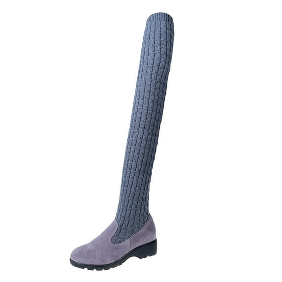 hopeusnice Women's Over The Knee Boots Winter Warm Knitted Suede Thigh High Boots Chunky Heel Flat Boots Shoes Outdoor Ankle Boots Gray 37