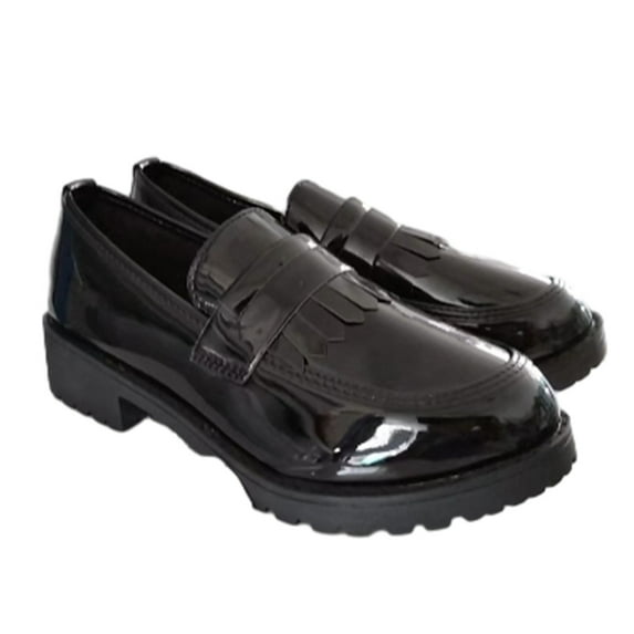 hopeusnice Women's Patent Leather Loafers Tassel Slip On Shoes Flat Comfortable Chunky Heel Flats Shoes Dress Black 38