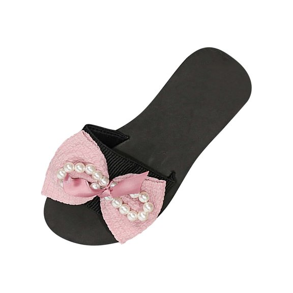 hopeusnice Women's Pearl Bowknot Slides Summer Beach Slippers Open Toe Flat Sandals Comfortable Non-Slip Flip Flops Pink 40
