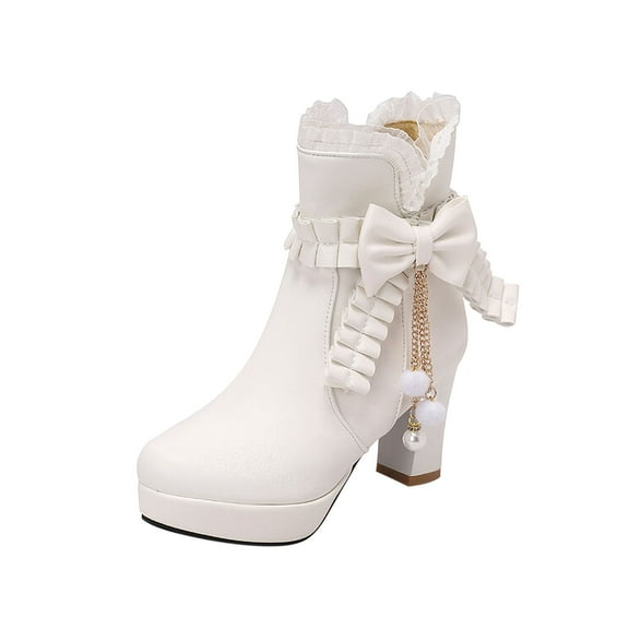 hopeusnice Women's Ankle Boots Chunky Heel Bowknot Buckle Zipper Boots Faux Leather Winter Warm Booties Dress Boots White 43