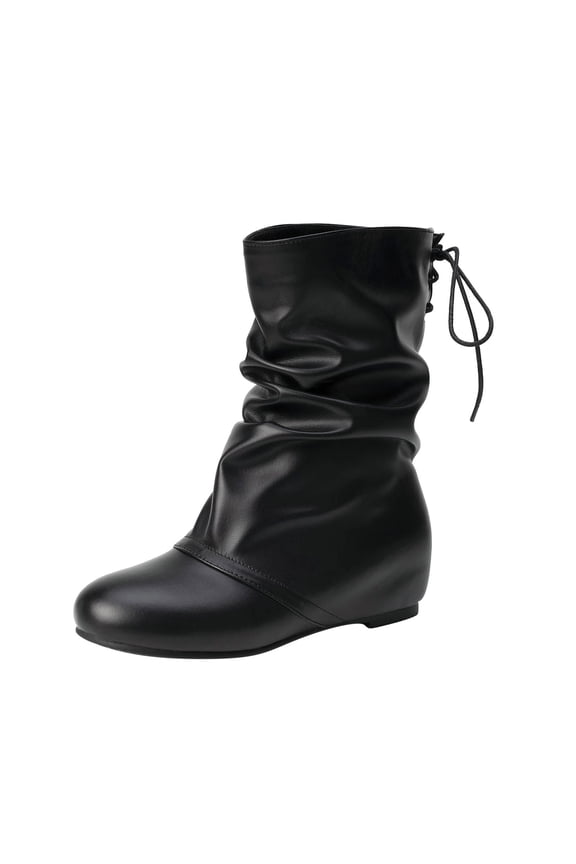 Women's Pleated Lace Up Flat Mid Calf Boots Fashion Soft Leather Low Hidden Wedge Boots Comfort Slip On Non-slip Classic Riding Booties Casual Fall Winter Walking Travel Shoes Black 37