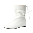 thumbnail image 1 of hopeusnice Women's Pleated Lace Up Flat Mid Calf Boots Fashion Soft Leather Low Hidden Wedge Boots Comfort Slip On Non-slip Classic Riding Booties Casual Fall Winter Walking Travel Shoes White 36, 1 of 6