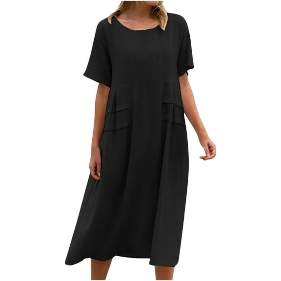 hopeusnice Women's Printed Dress Crew Neck Party Dress Pockets Flowy Sundress Short Sleeve Long Dress Casual Summer Lightweight Workout Activewear Clothing for Female Black XL
