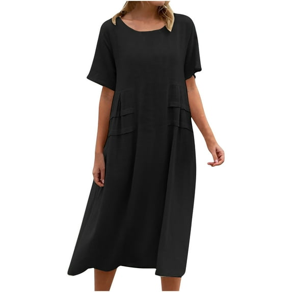 hopeusnice Women's Printed Dress Workout Activewear Flowy Sundress Crew Neck Party Dress Pockets Casual Short Sleeve Long Dress Summer Lightweight Clothing for Female Black XXL
