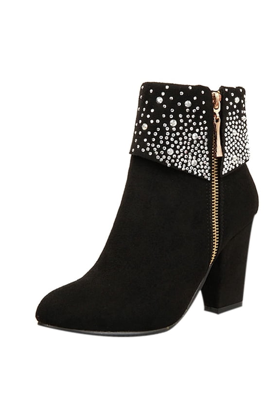 Women's Rhinestone Ankle Boots Zipper Suede Block Heel Booties Comfortable Dressy Winter Warm Shoes Black 38