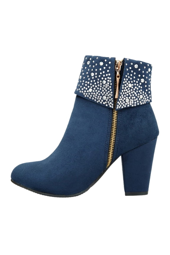 Women's Rhinestone Ankle Boots Zipper Suede Block Heel Booties Comfortable Dressy Winter Warm Shoes Blue 35