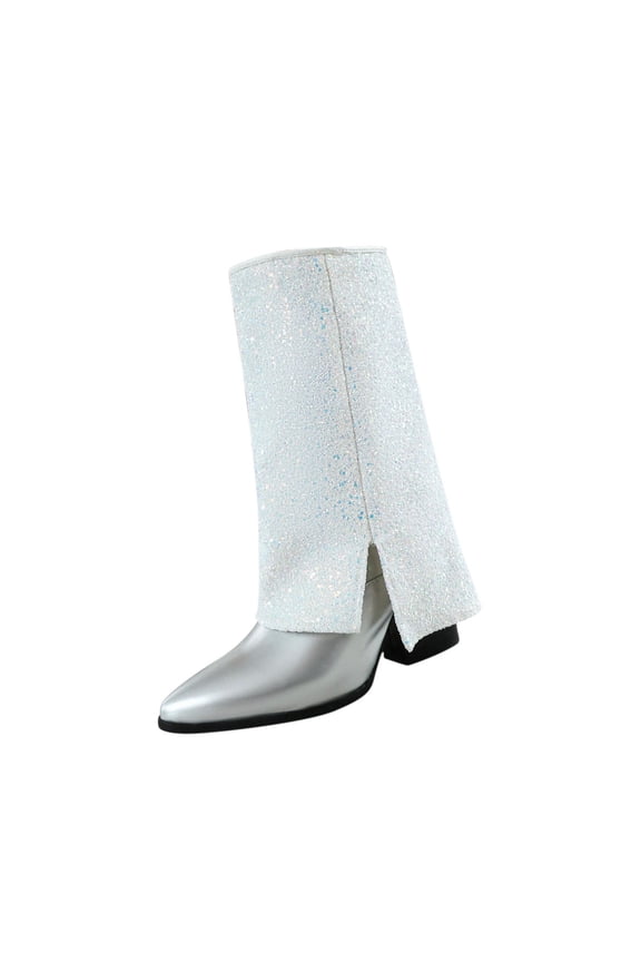 Women's Rhinestone Knee High Cowboy Boots Trendy Over the Knee Tall boots Pointed Toe Low Chunky Stacked Heel with Side Zipper Wide Glitter Fashion Boots Silver 37