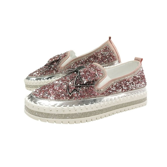 hopeusnice Women's Rhinestone Loafers Slip On Breathable Crystal Wedding Shoes Comfortable Flatform Sneakers Diamond Bowknot Party Shoes Pink 39