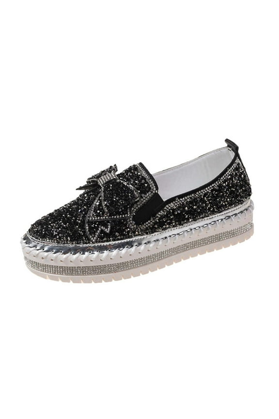 Women's Rhinestone Slip On Loafers Comfortable Bowknot Sneakers Bling Glitter Shoes Low Top Walking Party Shoes Black 38