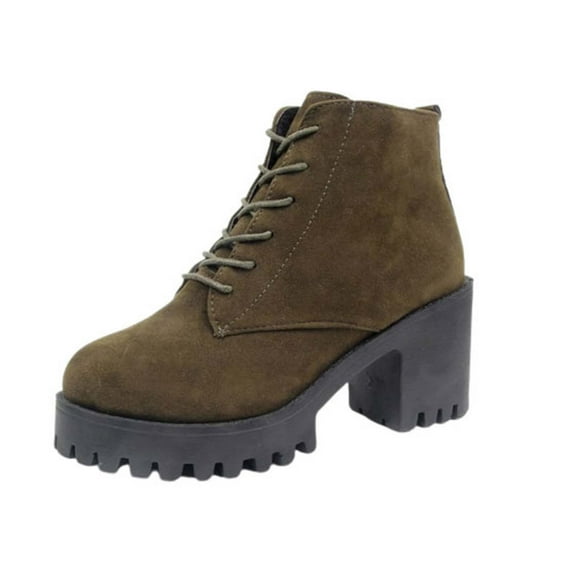 hopeusnice Women's Round Toe Dressy Ankle Boots Lace Up Chunky Block High Heels Dressy Short Booties Army Green 39