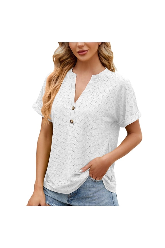 Women's Side Splited Shirts Fashion Green Plaid Tunic Button Down Lapel V Neck T-Shirts Cotton and Linen Blouse with Bust Pocket Trendy Summer Short Sleeve Casual Loose