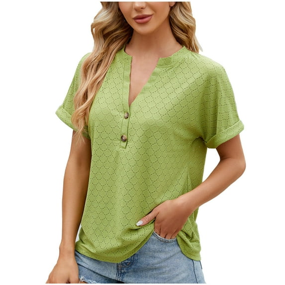 hopeusnice Women's Side Splited Shirts Fashion Green Plaid Tunic Button Down Lapel V Neck T-Shirts Cotton and Linen Blouse with Bust Pocket Trendy Summer Short Sleeve Casual Loose