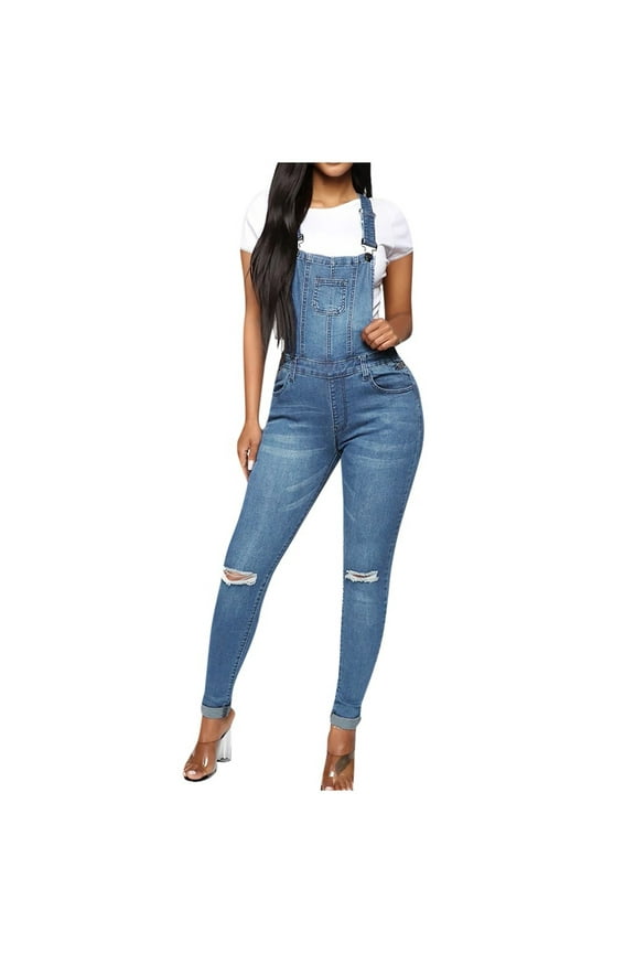 Women's Sleeveless Jeans Suspender Wide Leg Pants Ripped Patches Jumpsuit Casual Beach Workout Vacation Fashion Summer Pockets Overall Pants Navy L