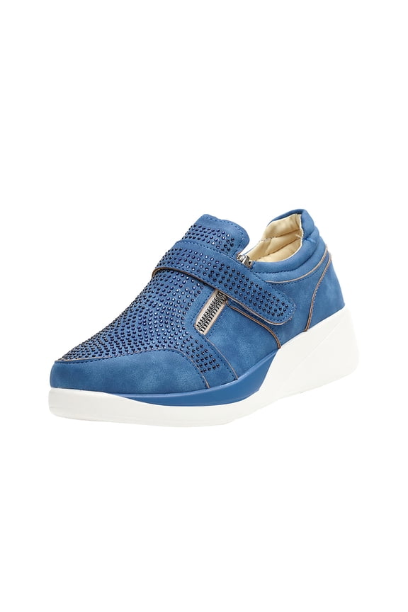 Women's Slip On Wedge Sneakers Breathable Comfortable Walking Shoes Zipper Buckle Design Lightweight Suede Outdoor Sneakers Blue 36