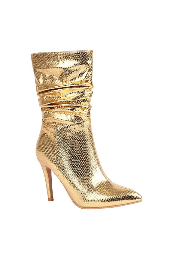 Women's Snake Print Pointed Toe Stilettos Heel Ankle Boots Mid Calf Pull on Green Shiny Faux Leather Party Boots Gold 41