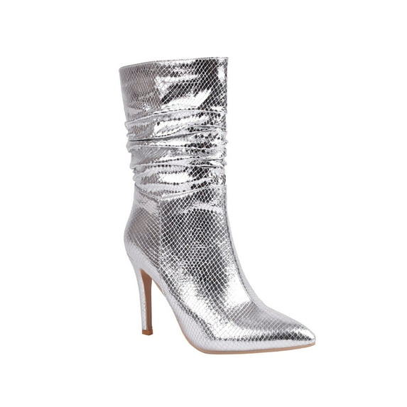 hopeusnice Women's Snake Print Pointed Toe Stilettos Heel Ankle Boots Mid Calf Pull on Green Shiny Faux Leather Party Boots Silver 41