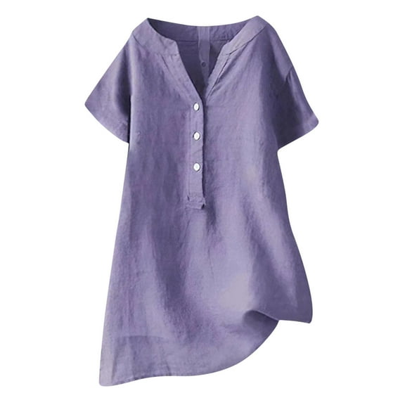 hopeusnice Women's Solid Color Dress Button Up Tops Casual Short Sleeve Tunic Shirts Summer Lightweight Workout Activewear Notch Neck Blouse Clothing for Female Purple XXXXL