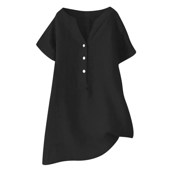 hopeusnice Women's Solid Color Dress Summer Lightweight Button Up Tops Workout Activewear Casual Notch Neck Blouse Short Sleeve Tunic Shirts Clothing for Female Black S