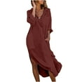 thumbnail image 1 of hopeusnice Women's Solid Color Dress Clearance Workout Activewear Flowy Sundress Summer Lightweight Casual Long Sleeve Long Dress V Neck Party Dress Pockets Clothing for Female Wine XXL, 1 of 7