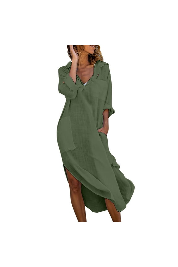 Women's Solid Color Dress Summer Lightweight Casual Workout Activewear Long Sleeve Long Dress Flowy Sundress V Neck Party Dress Pockets Clothing for Female Army Green L