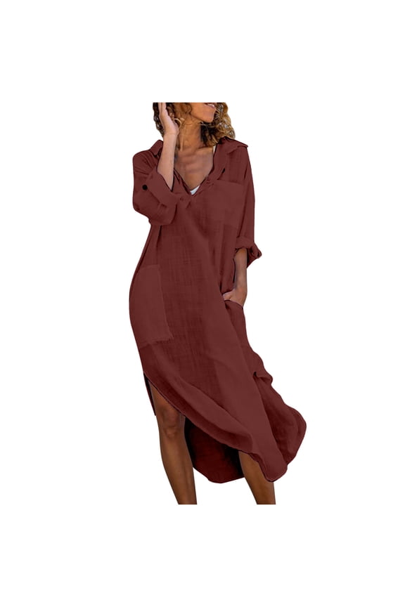 Women's Solid Color Dress Summer Lightweight Workout Activewear Long Sleeve Long Dress Flowy Sundress Casual V Neck Party Dress Pockets Clothing for Female Wine S