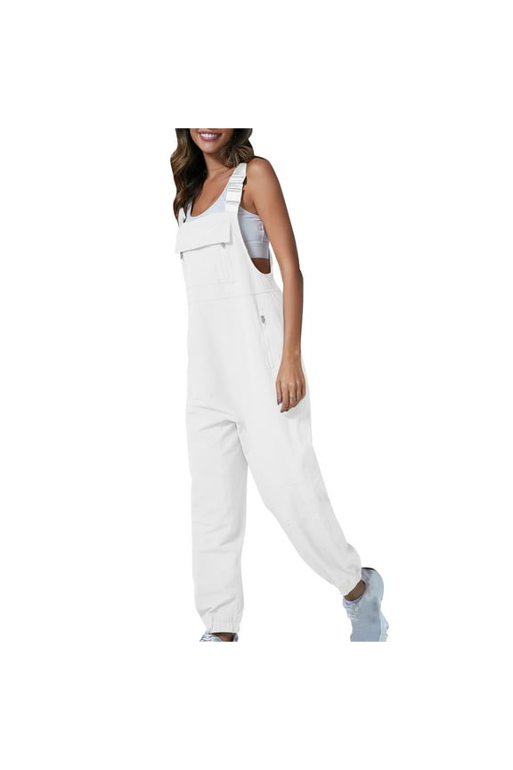 Women's Solid Color Jumpsuits Sleeveless Pants Pockets Cargo Suspender Workout Activewear Casual Overall Summer Lightweight Clothing for Female White S