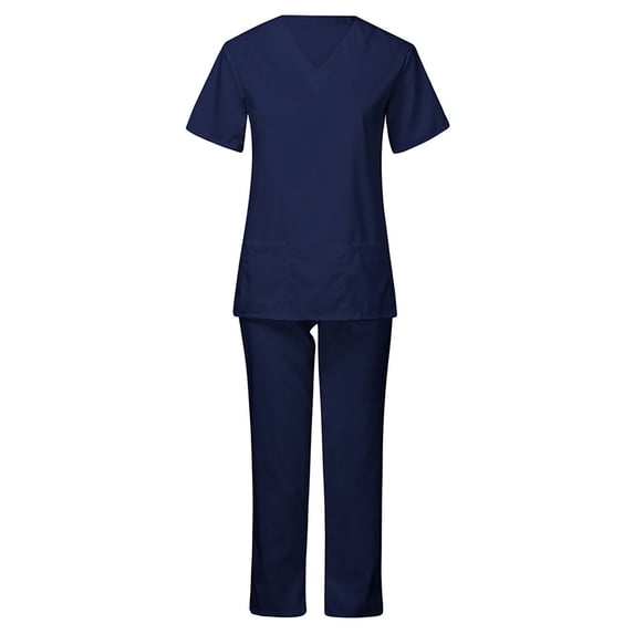 hopeusnice Women's Solid Color Office Sets Summer Lightweight Lounge Sets Workout Activewear V-Neck Long Pants Casual Short Sleeve Nurse Suit Clothing for Female Navy XXL
