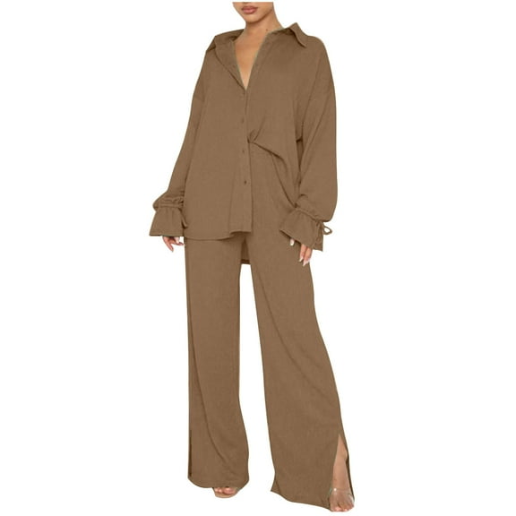 hopeusnice Women's Solid Color Sets 2 Piece Casual Sweatsuits Workout Exercise Long Sleeve Sweatpants Summer Lightweight Clothing for Female Khaki L