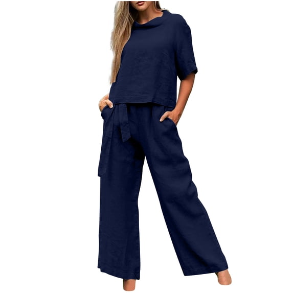 hopeusnice Women's Solid Color Sets Workout Exercise 2 Piece Sweatsuits Short Sleeve Sweatpants Casual Summer Lightweight Clothing for Female Navy L
