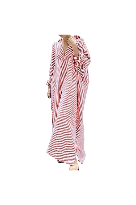 Women's Striped Dress Summer Lightweight Workout Activewear Casual Flowy Sundress V Neck Party Dress Pockets Long Sleeve Long Dress Clothing for Female Red L