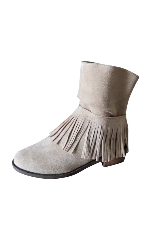 Women's Suede Fringe Ankle Boots Comfortable Low Heel Booties Winter Fashion Slip On Warm Mid Calf Boots Beige 39