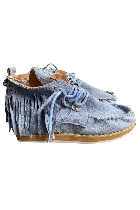 Women's Suede Fringe Ankle Boots Lace Up Low Top Shoes Comfortable Breathable Outdoor Walking Shoes Blue 37