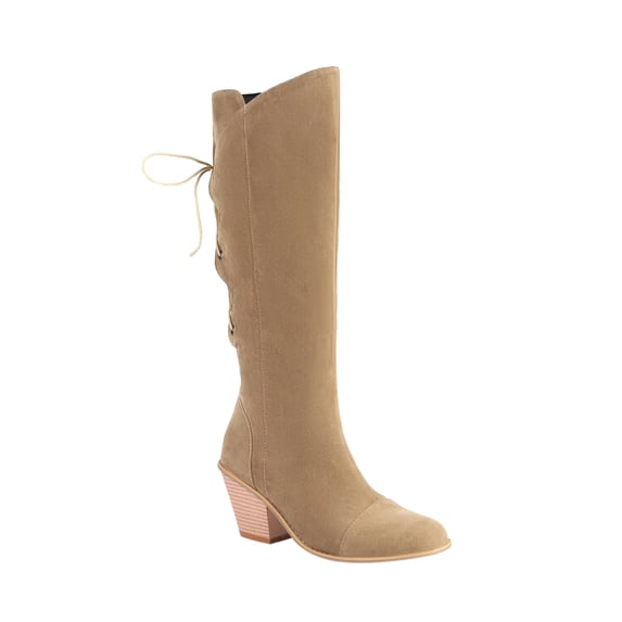 Women's Suede Knee High Boots Back Lace Up Buckle Chunky Heel Ankle Boots Fall Winter Shoes Beige 43