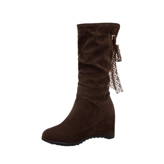 hopeusnice Women's Suede Wedge Boots Lace Up Back Zipper Round Toe Ankle Boots Comfortable Winter Boots Brown 38