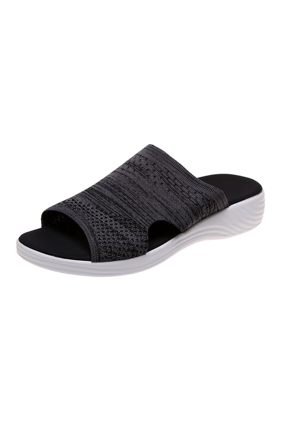 Women's Summer Knitted Sandals Breathable Slip On Slides Open Toe Comfortable Flat Beach Shoes Black 37