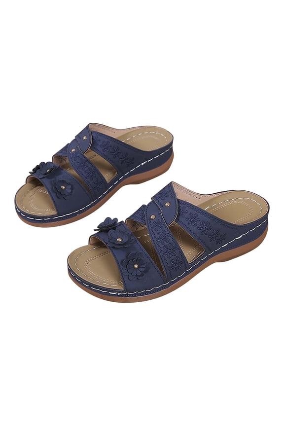 Women's Summer Sandals Floral Embroidered Slippers Slip on Wedge Open Toe Breathable Comfortable Outdoor Walking Shoes Blue 37